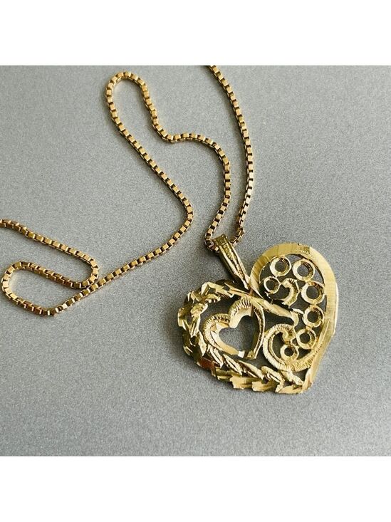 Jewelry - 14k Yellow Gold Diamond Cut Ornate Open Heart Charm Pendant Necklace